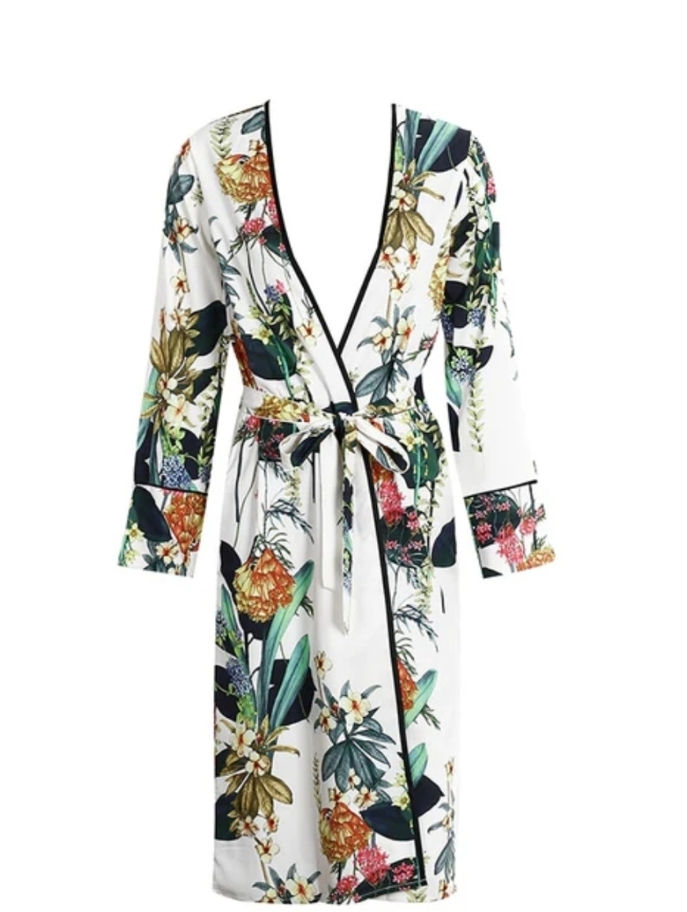 White Floral Print Kimono Robe w/Belt - NWOT